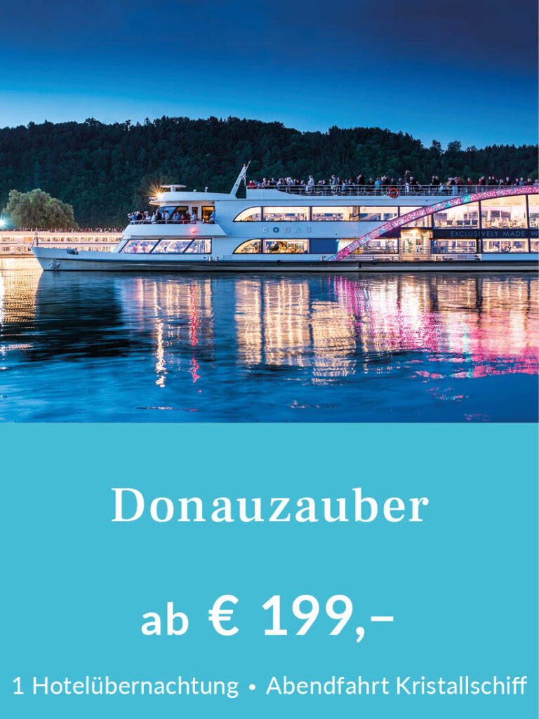 Kurzurlaub Donauzauber. Paket mit Hotelübernachtung und Abendfahrt mit dem Kristallschiff. Preis ab 199 Euro pro Person im Doppelzimmer. Für mehr Infos oder eine Buchung bitte hier klicken.