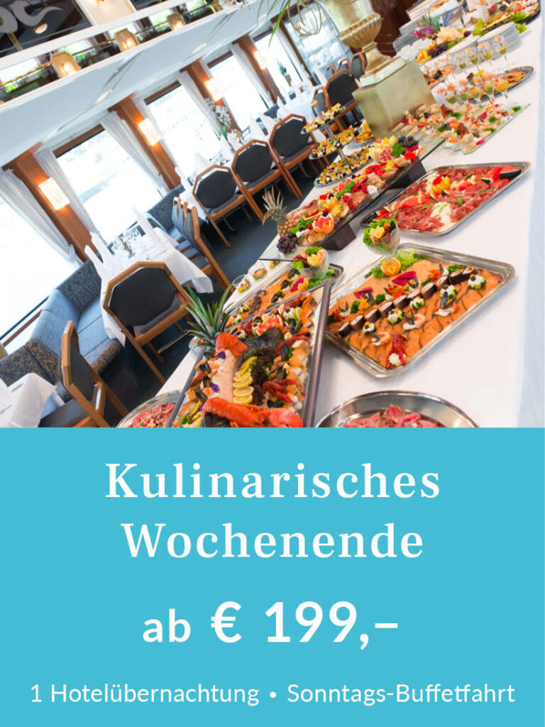 Kurzurlaub Kulinarisches Wochenende. Paket mit Hotelübernachtung und Sonntagsbuffetfahrt in Passau. Preis ab 199 Euro pro Person im Doppelzimmer. Für mehr Infos oder eine Buchung bitte hier klicken.