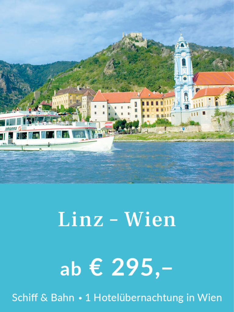 Kurzurlaub Linz – Wien. Paket mit Hotelübernachtung und Bahnrückfahrt. Preis ab 295 Euro pro Person im Doppelzimmer. Für mehr Infos oder eine Buchung bitte hier klicken.