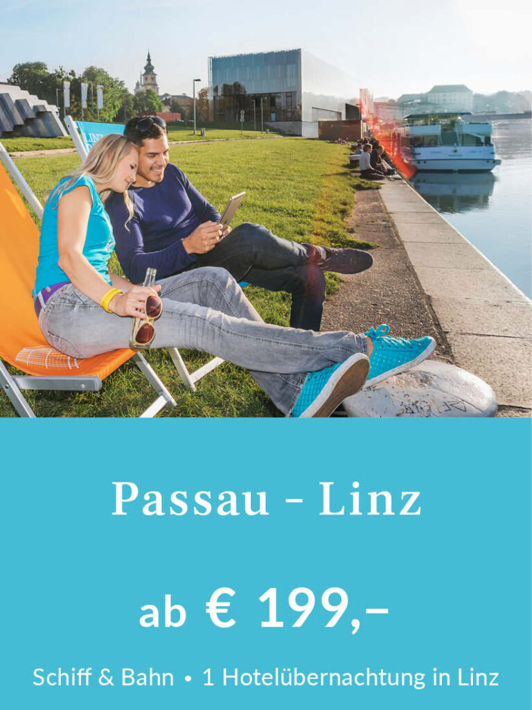 Kurzurlaub Passau – Linz. Paket mit Hotelübernachtung und Bahnrückfahrt. Preis ab 199 Euro pro Person im Doppelzimmer. Für mehr Infos oder eine Buchung bitte hier klicken.