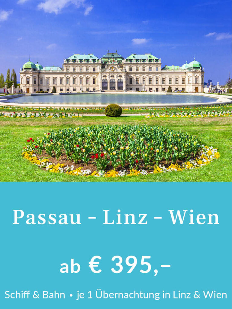 Kurzurlaub Passau – Linz – Wien. Paket mit Hotelübernachtungen und Bahnrückfahrt. Preis ab 395 Euro pro Person im Doppelzimmer. Für mehr Infos oder eine Buchung bitte hier klicken.