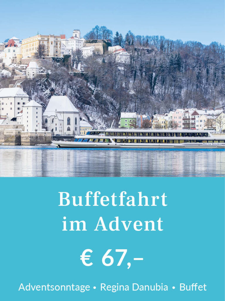 Buffetfahrt im Advent mit dem Galaschiff Regina Danubia an den Adventsonntagen. Tickets für 67 Euro pro Person inklusive Buffet. Für mehr Infos oder eine Buchung bitte hier klicken.