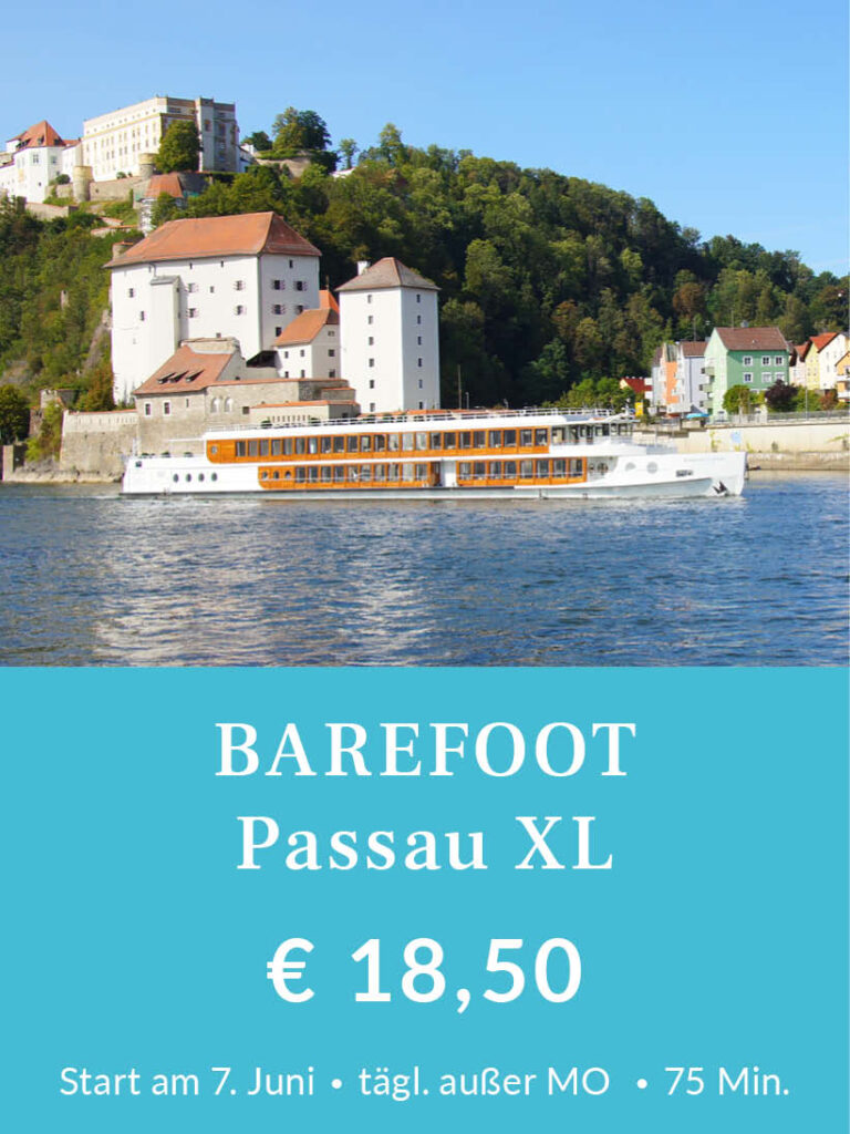 Barefoot Passau XL, 75-minütige Stadtrundfahrt durch Passau mit dem Barefoot Boat. Start am 7. Juni, ab dann täglich außer Montag um 11 Uhr. Tickets für 18,50 Euro pro Person. Für mehr Infos oder eine Buchung bitte hier klicken.