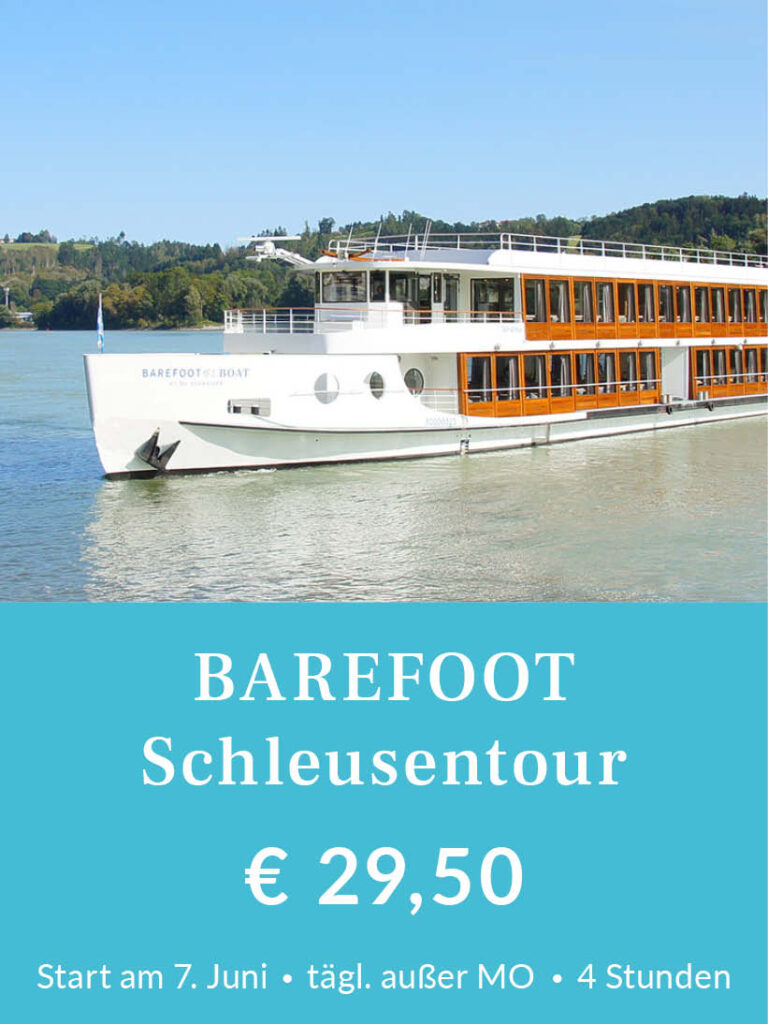 Barefoot Schleusentour nach Engelhartszell. Start am 7. Juni, ab dann täglich außer Montag. Dauer: 4 Stunden. Tickets für 29,50 Euro pro Person. Für mehr Infos oder eine Buchung bitte hier klicken.
