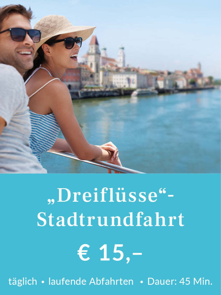 Dreiflüssestadtrundfahrt in Passau. Täglich laufende Abfahrten, Dauer der Fahrt: 45 Minuten. Tickets für 15 Euro pro Person. Für mehr Infos oder eine Buchung bitte hier klicken.