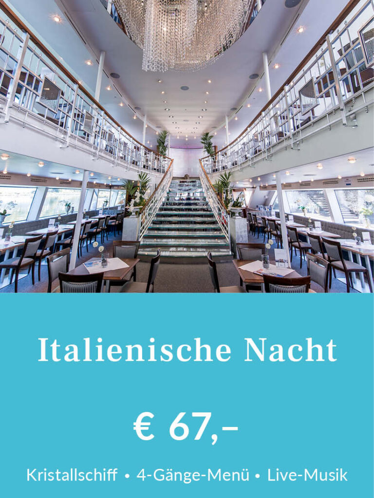 Italienische Nacht mit dem Kristallschiff ab Passau. Tickets für 67 Euro pro Person inklusive 4-Gänge-Menü und Live-Musik. Für mehr Infos oder eine Buchung bitte hier klicken.