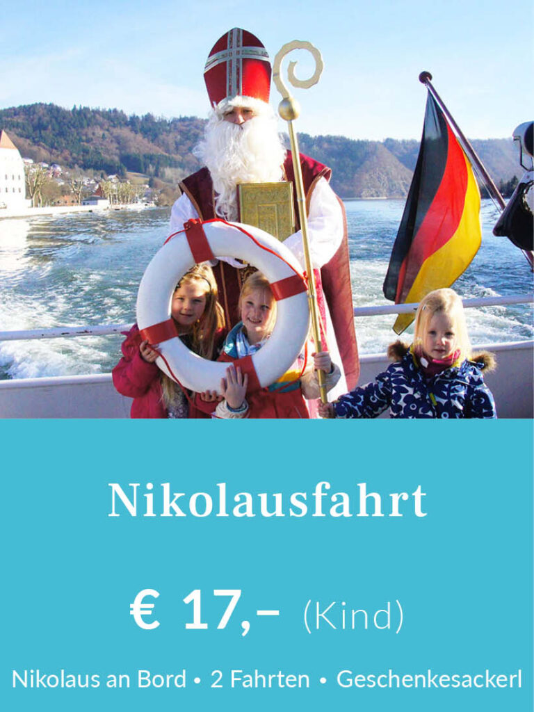 Nikolausfahrt ab Passau – der Nikolaus kommt an Bord! Tickets kosten für Kinder 17 Euro, für Erwachsen 21 Euro. Für mehr Infos oder eine Buchung bitte hier klicken.