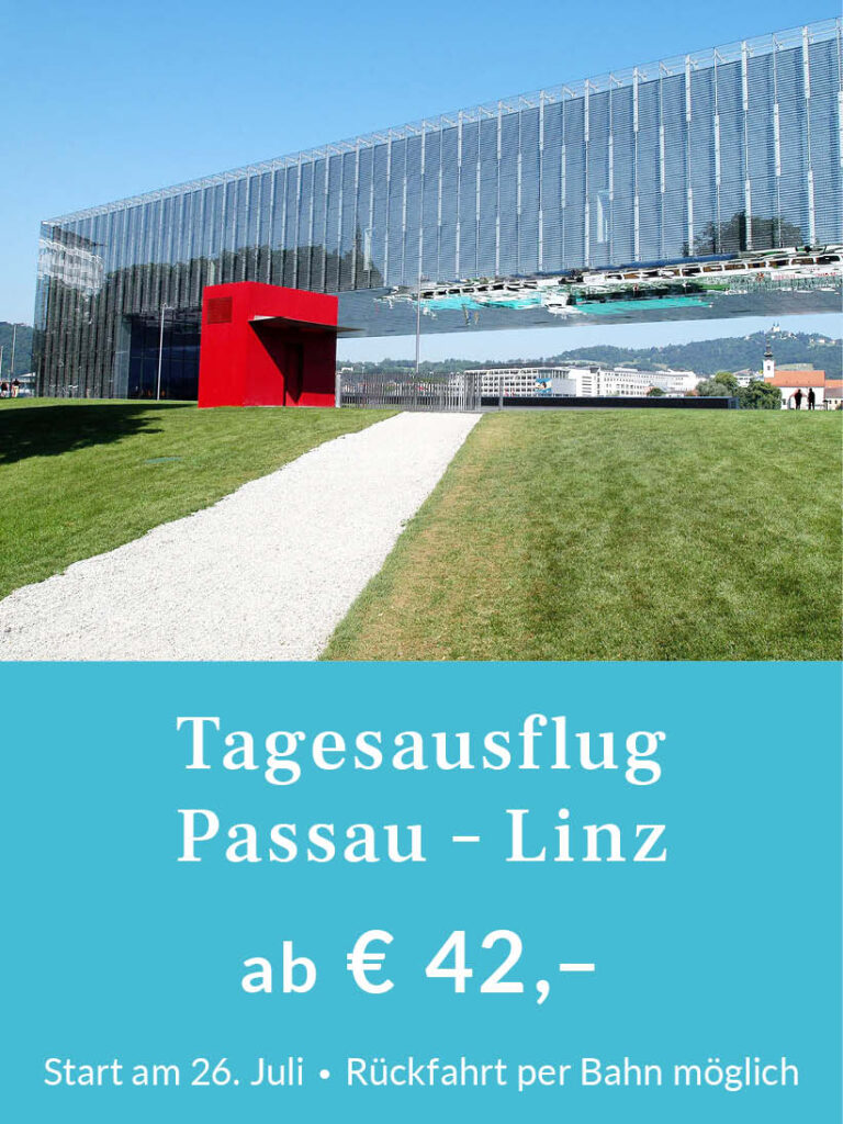 Tagesausflug vom Passau nach Linz, Start am 26. Juli. Rückfahrt per Bahn möglich. Tickets ab 42 Euro pro Person. Für mehr Infos oder eine Buchung bitte hier klicken.
