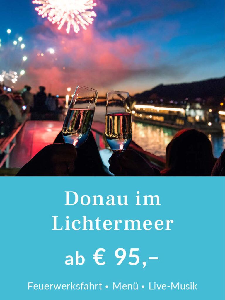 Feuerwerksfahrt Donau im Lichtermeer im Oktober ab Regensburg bzw. Donaustauf. Tickets ab 95 Euro pro Person inklusive Menü. Für mehr Infos oder eine Buchung bitte hier klicken.