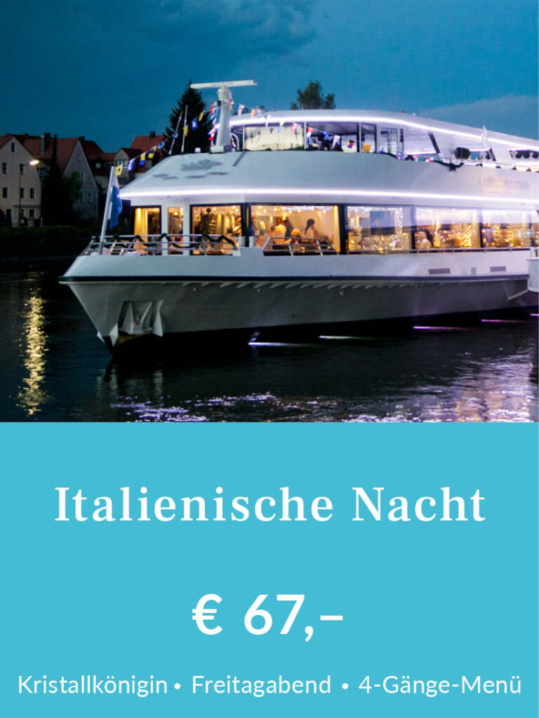 Italienische Nacht ab Regensburg am Freitagabend im Sommer. Tickets für 67 Euro pro Person inklusive 4-Gänge-Menü. Für mehr Infos oder eine Buchung bitte hier klicken.