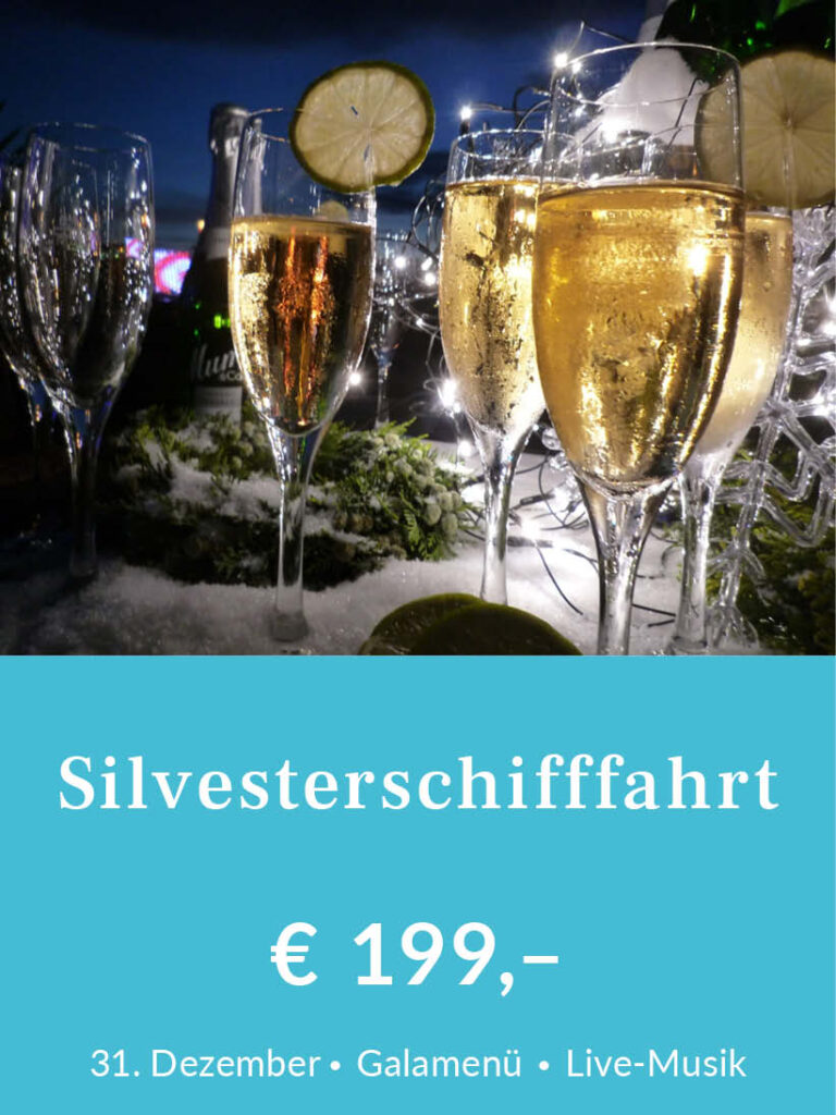 Silvesterschifffahrt ab Regensburg am 31. Dezember. Tickets für 199 Euro pro Person inklusive Galamenü und Live-Musik. Für mehr Infos oder eine Buchung bitte hier klicken.