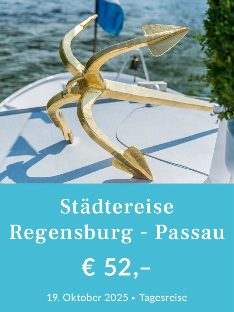 Schifffahrt von Regensburg bis Passau am 19. Oktober. Tickets für 52 Euro pro Person. Für mehr Infos oder eine Buchung bitte hier klicken.
