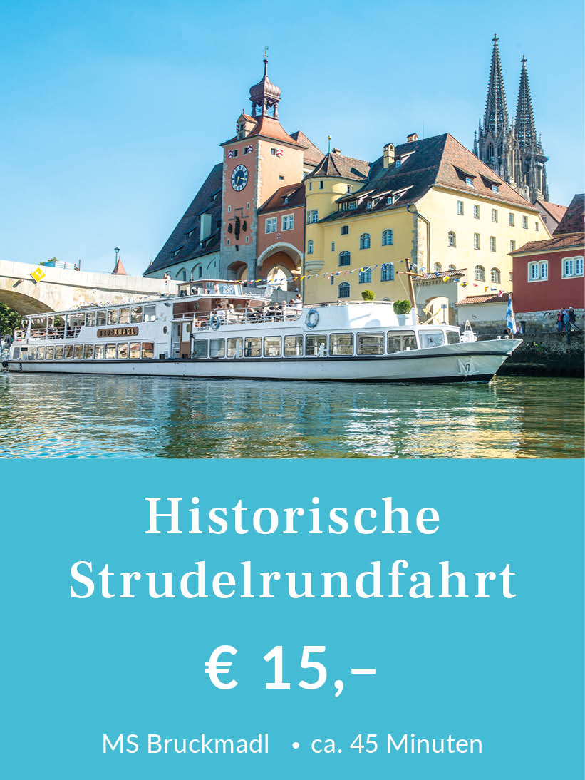 Historische Strudelrundfahrt durch Regensburg mit dem MS Bruckmadl, Dauer ca. 45 Minuten. Tickets für 15 Euro pro Person. Für mehr Infos oder eine Buchung bitte hier klicken.