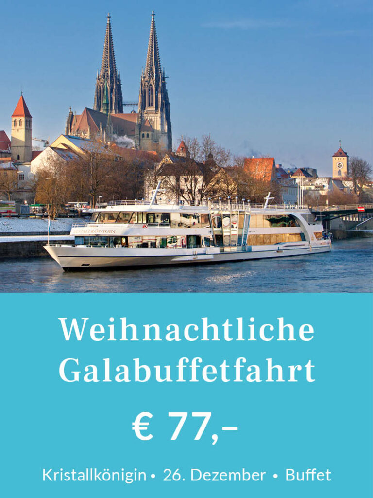 Weihnachtliche Galabuffetfahrt am 26. Dezember ab Regensburg mit der Kristallkönigin. Tickets für 77 Euro pro Person inklusive Buffet. Für mehr Infos oder eine Buchung bitte hier klicken.