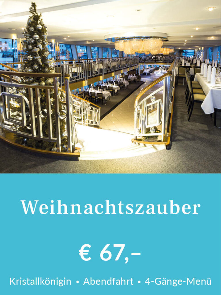 Weihnachtszauber ab Regensburg. Abendfahrt auf der Kristallkönigin für 67 Euro pro Person inklusive 4-Gänge-Menü. Für mehr Infos oder eine Buchung bitte hier klicken.