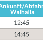 Fahrtabelle mit den Abfahrtszeiten der Winterlichen Walhallafahrt: Erste Fahrt: Abfahrt um 12 Uhr in Regensburg, Ankunft beziehungsweise Abfahrt an der Walhalla/Donaustauf um 12:45 Uhr, Rückkehr nach Regensburg um 13:45 Uhr. Zweite Fahrt: Abfahrt um 14 Uhr in Regensburg, Ankunft beziehungsweise Abfahrt an der Walhalla/Donaustauf um 14:45 Uhr, Rückkehr nach Regensburg um 15:45 Uhr.