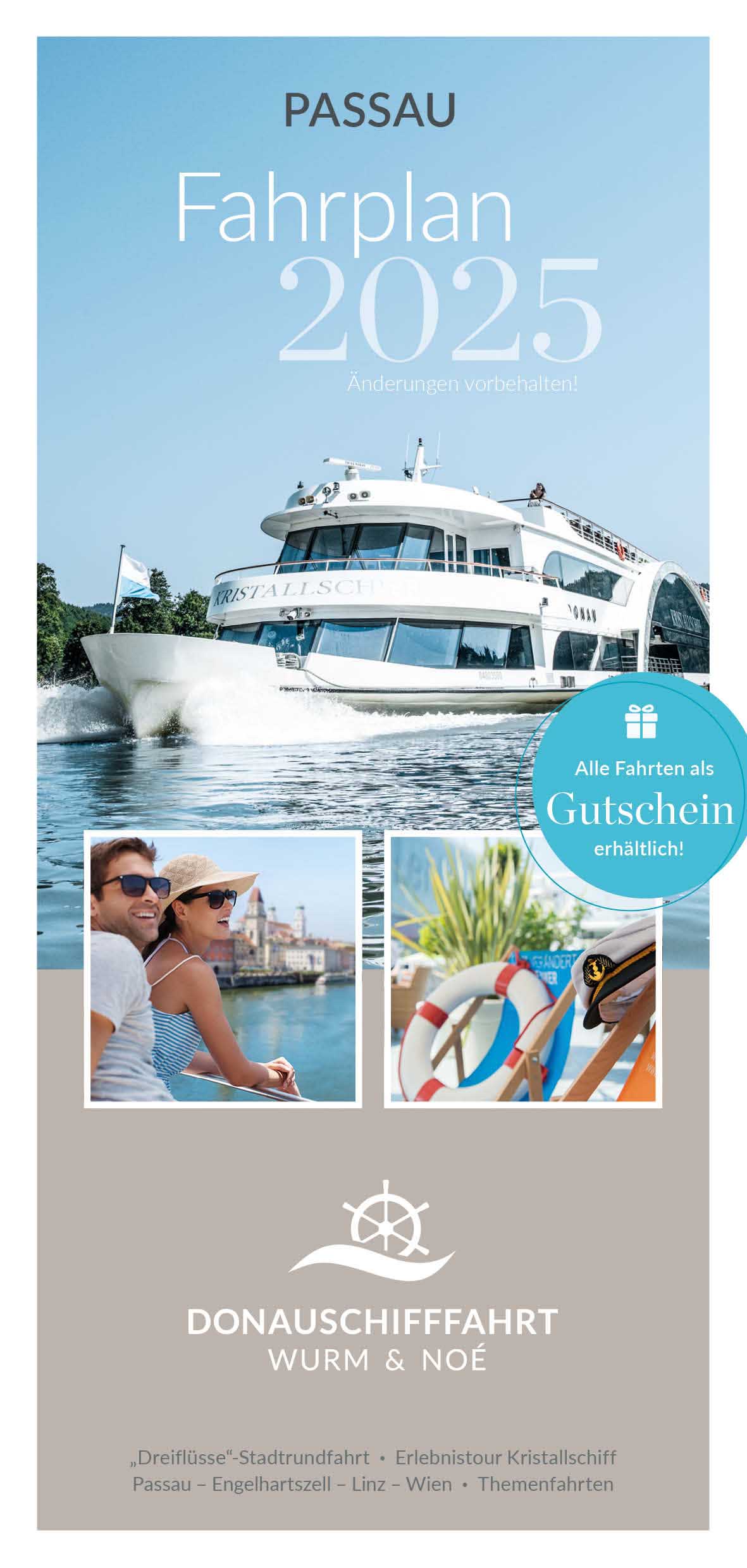 Fahrplan Schifffahrten ab Passau 2025. Für Download als pdf bitte hier klicken.